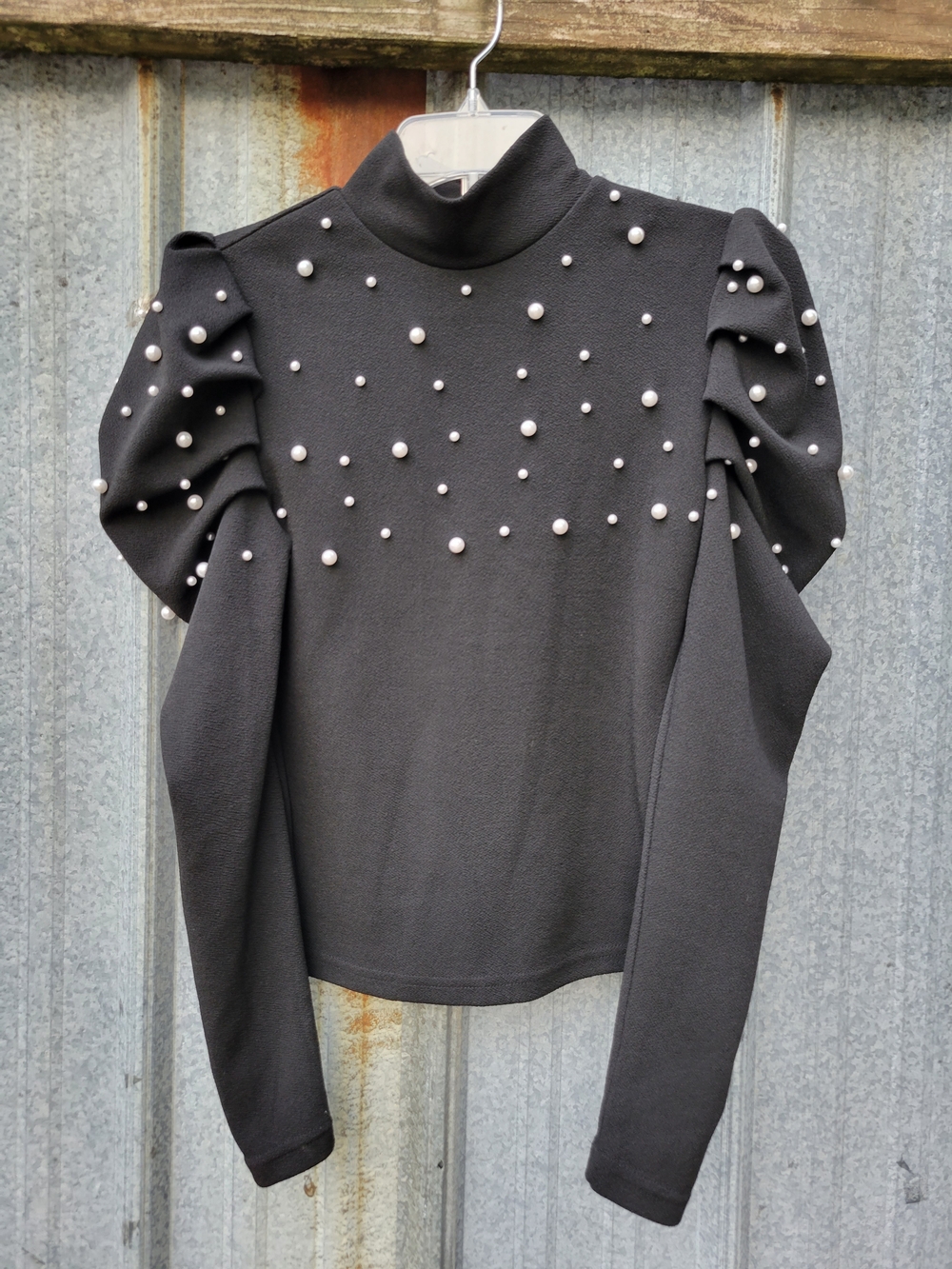 Pearl-Embellished Black Turtleneck Sweater